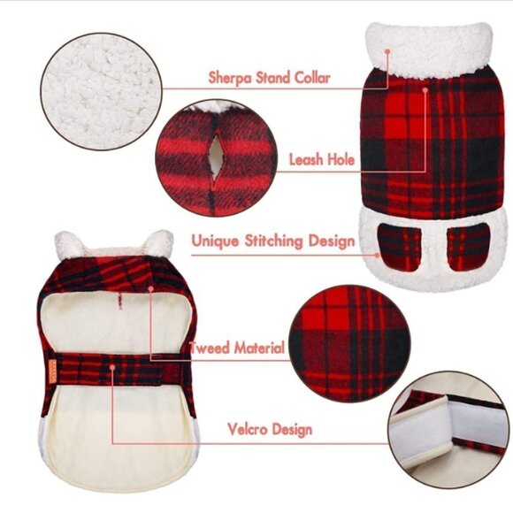 Dog Jacket Checked Plaid w/ Leash Hole, Winter Windproof Soft Lined - Picture 3 of 7